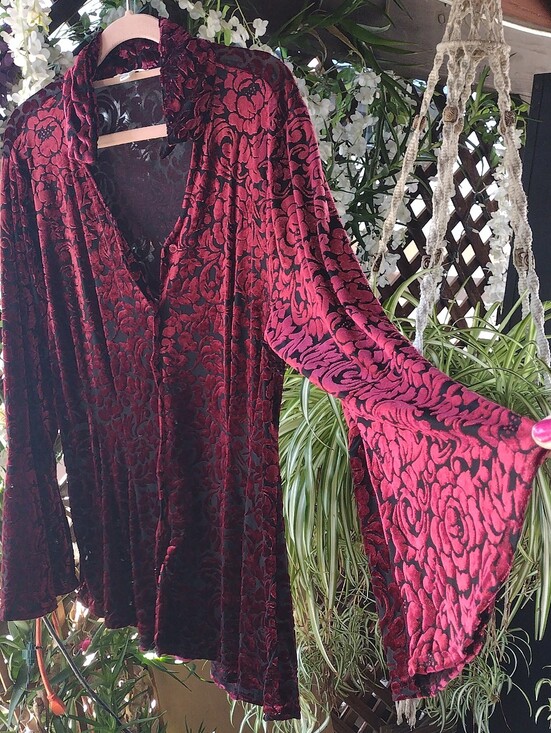 Ultra Pink Accessories - 💋 Vampy Red Velvet Floral Burnout Fairy Goth Top with Bell Sleeves